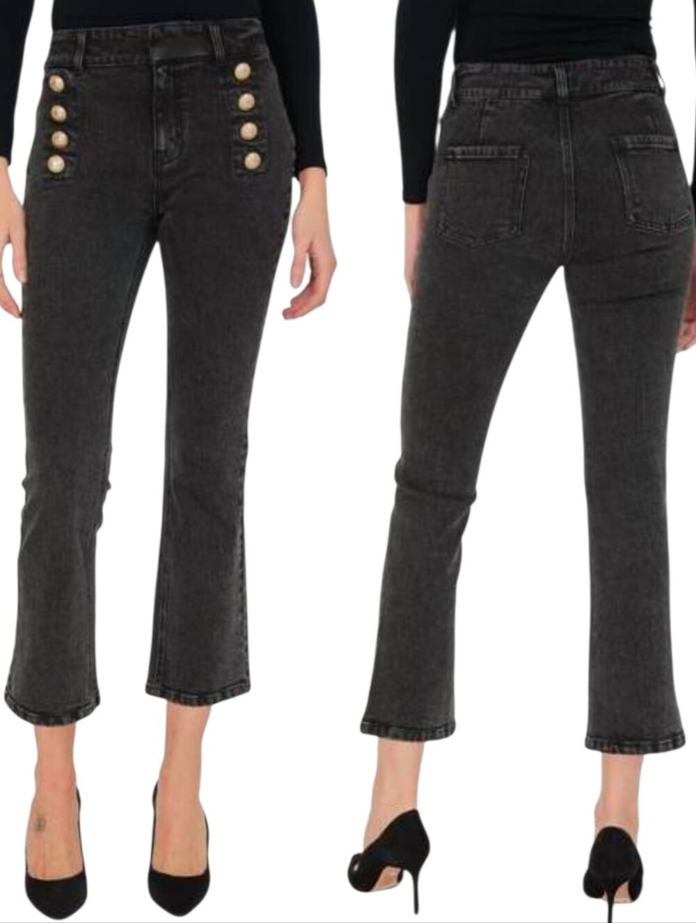 Generation Love Amirah Cropped Kick Flare Jeans Sailor Buttons Black 26